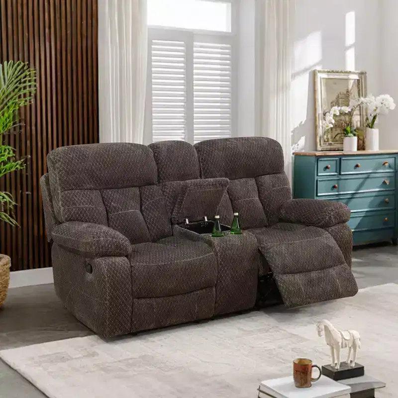 MAYEERTY Reclining Loveseat, 2-Seat Recliner Non-Pilling Breathable Fabric with Storage Groove & Cup Holders for Living Room, Brown