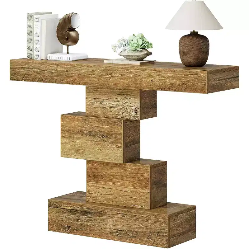 Lantine 42.5 Farmhouse Console Table, Narrow Wood Sofa Table Behind Couch with Geometric Base, Light Brown