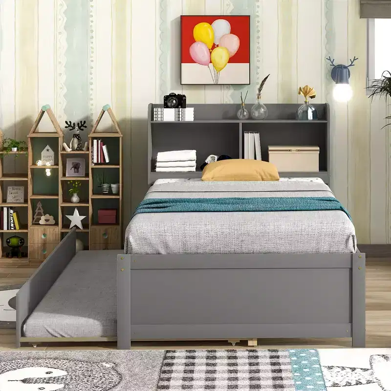 Twin Platform Bed with Storage Headboard Pull Out Trundle Sturdy Pine Wood Bed for Living Room Gray