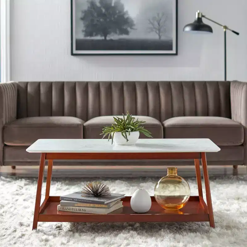 Buylateral Jhovies Coffee Table - Walnut: Faux Marble Top, Solid Wood Frame, Lower Storage Shelf