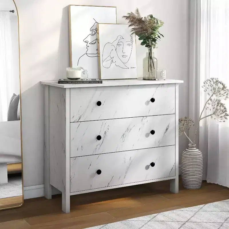 Fichte 3-Drawer Dresser - Faux White Marble Finish