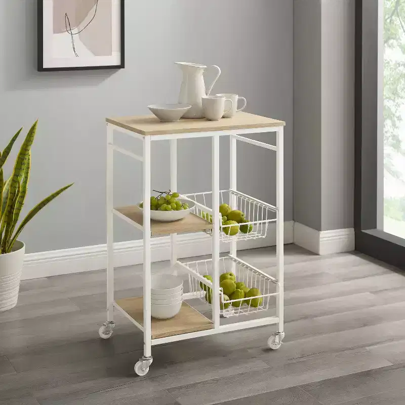Tamarind White Metal Mobile Small Kitchen Cart: MDF Top, 2 Baskets, Locking Casters - Linon