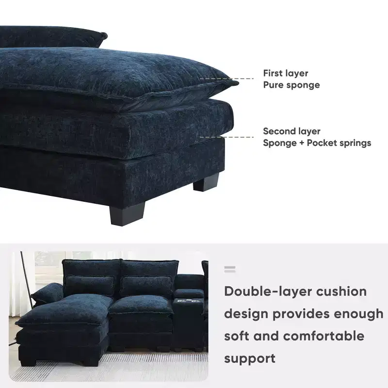 Whisen Modern Design Chenille U-shaped Sectional Sofa with Cup Holders and USB Charger