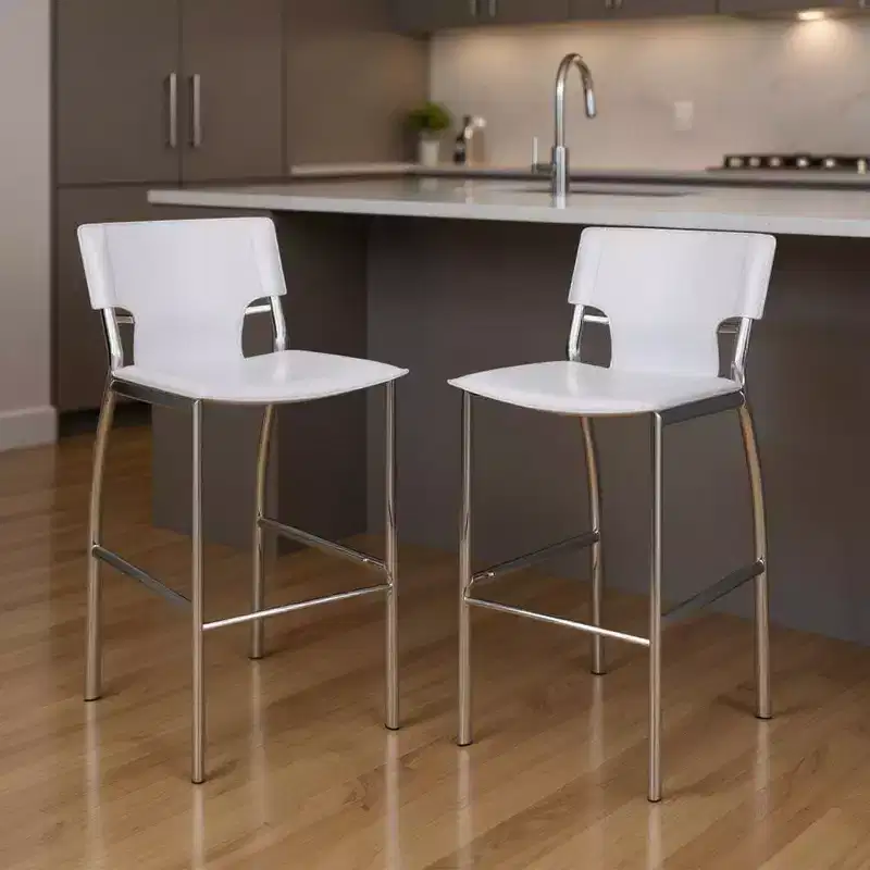 HomeRoots Set of Two 25 White and Silver Faux Leather and Metal Low Back Counter Height Bar Chairs