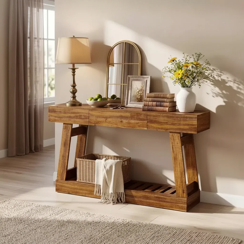 60''Farmhouse Narrow Console Table with Drawer,Wooden Sofa Side Table with Bottom Storage Shelf, for Living Room, Hallway, Behind Couch
