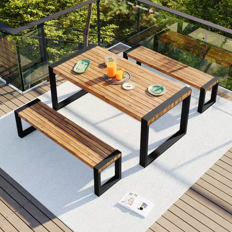 GDFStudio Wesley Patio Acacia Wood and Steel Dining Set with Table and 2 Benches