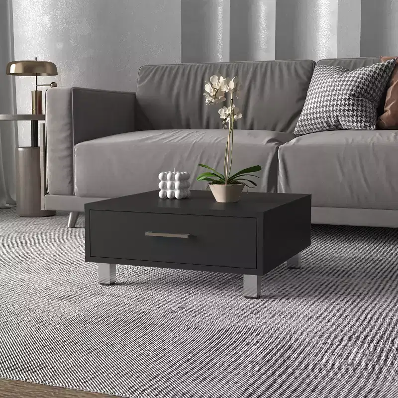 Wenge Rectangle Coffee Table with 1 Drawer, Four Metal Legs Metal Handle Superior Top Living Room Accent Table
