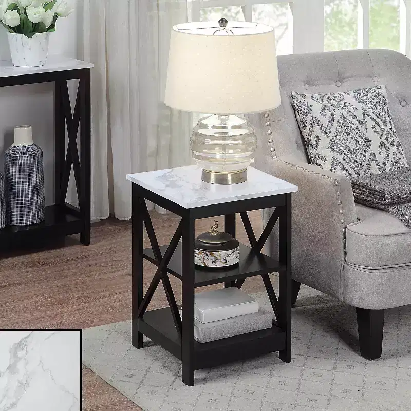 HomeStock Belmont End Table with Three Open Shelves and X Frame Panels, Transitional Storage Side Table for Coastal or Farmhouse Style Dcor