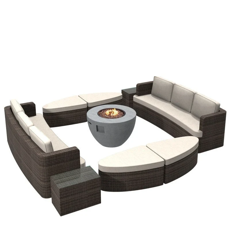 9-piece Patio Wicker Daybed Set with Concrete Fire Pit Table