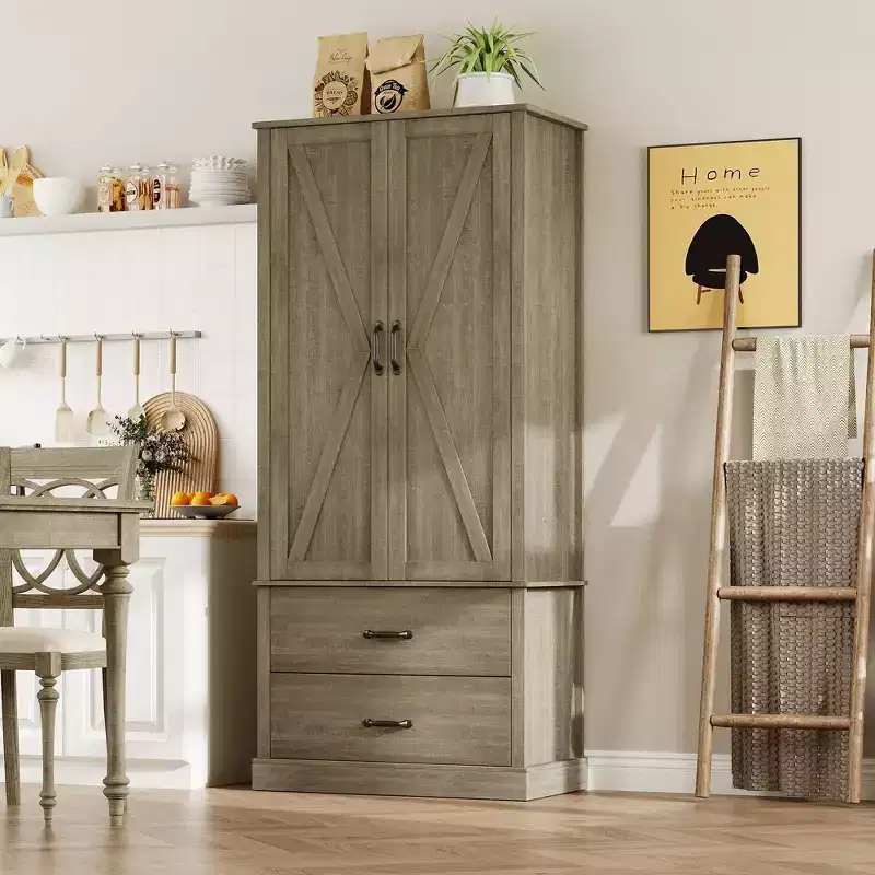 Kitchen Pantry Cabinet with 2 Drawers, Farmhouse Tall Storage Cabinet, Wood Food Pantry with Barn Doors and Adjustable Shelves Versatile Storage
