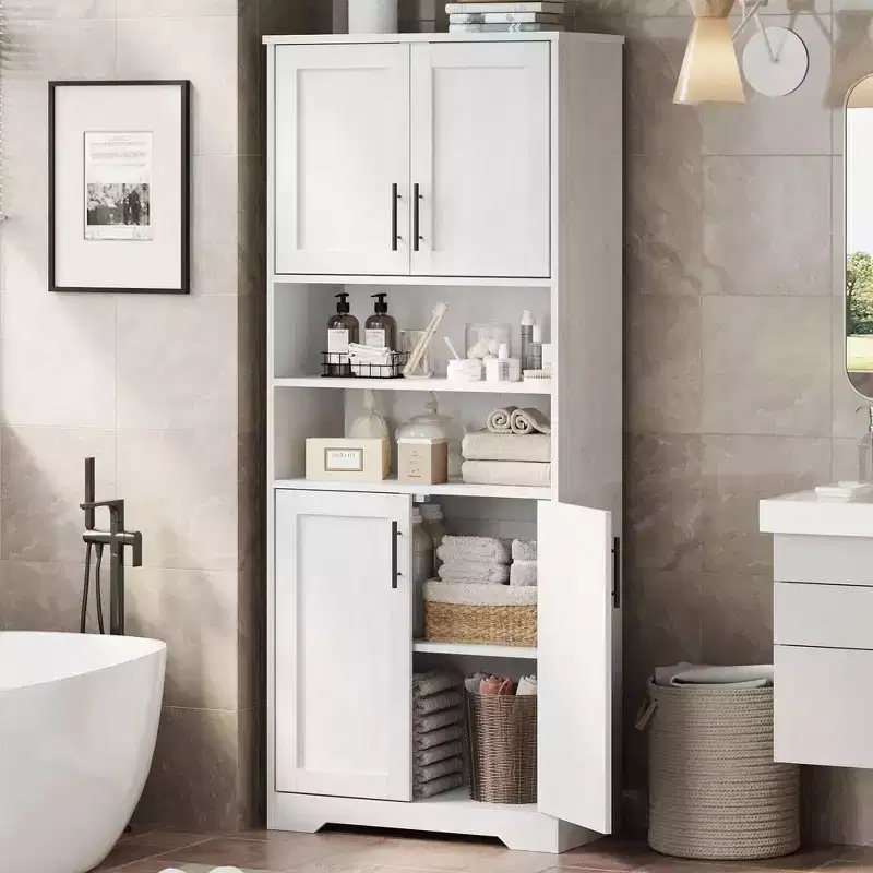 Coolmee 67 inch Tall Storage Cabinet, Bathroom Cabinet with 4 Doors and Adjustable Shelves, Kitchen Pantry Cabinets, Cupboard for Living Dining
