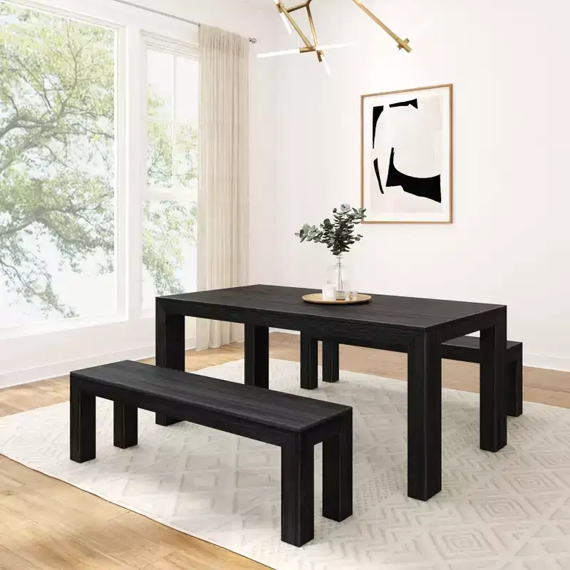 Solid Wood Dining Table with Benches, Seats 6