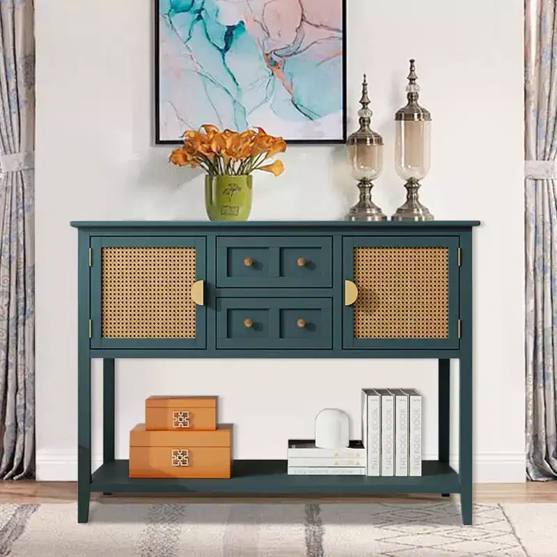 Rattan Accent Console Table with 2 Drawers, Narrow Wood Sofa Table with Cabinet Storage, 2-Tier Entryway Table for Living Room, Hallway, FoyerK