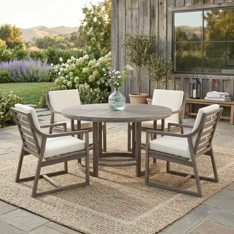 Whisen 5-Piece Outdoor Kitchen Dining Set for 4, Patio Round Dining Table And Chairs Set with Umbrella Hole and Removable Cushions