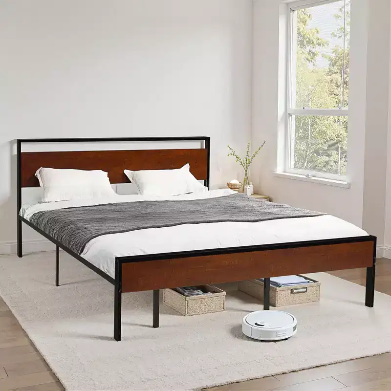 King Platform Bed Frame with Wood Headboard and Footboard, 1000 lb Capacity, Black