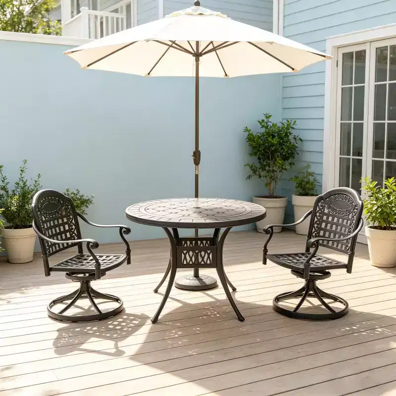 3 Piece Cast Aluminum Patio Dining Set, 1 Round Table + 2 Swivel Chairs, Black Rust Resistant Frame with Blue Water Resistant Cushions