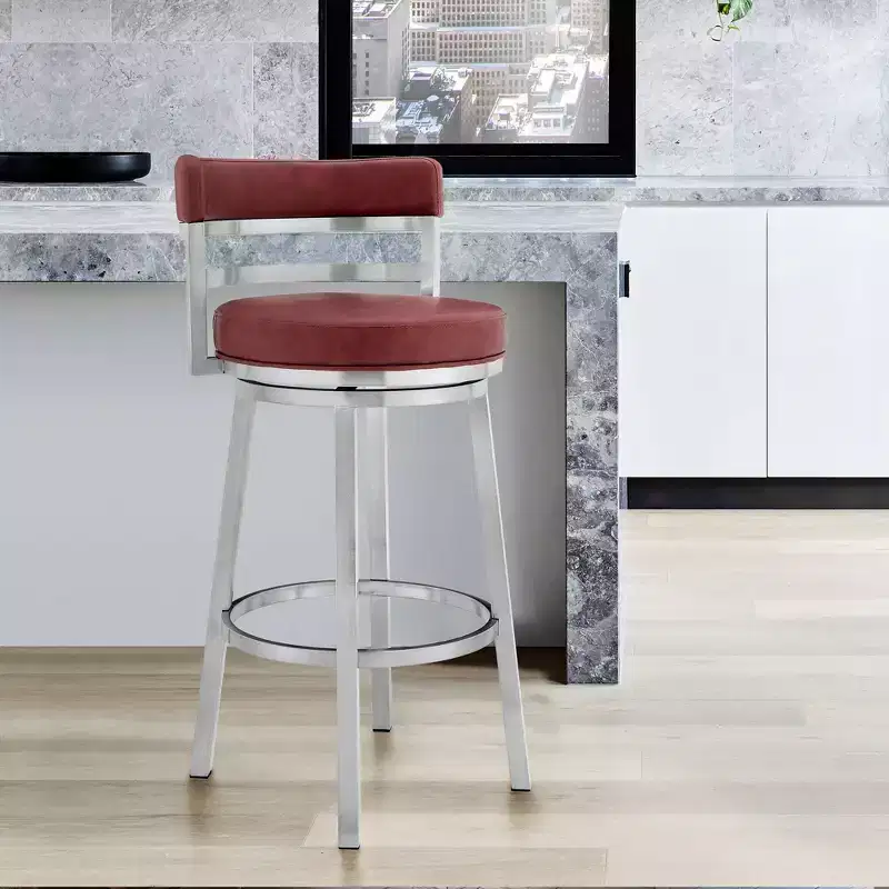 26 Inch Madrid Counter Height Barstool in Red Faux Leather with Brushed Stainless Steel