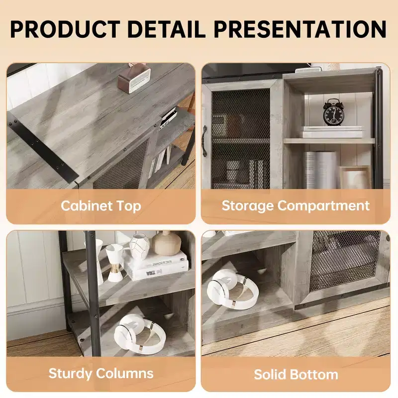 Industrial Entermainment Center with Storage Cabinet & 2 Mesh Doors,2 Tier TV Stand with Wood Rustic TV Console