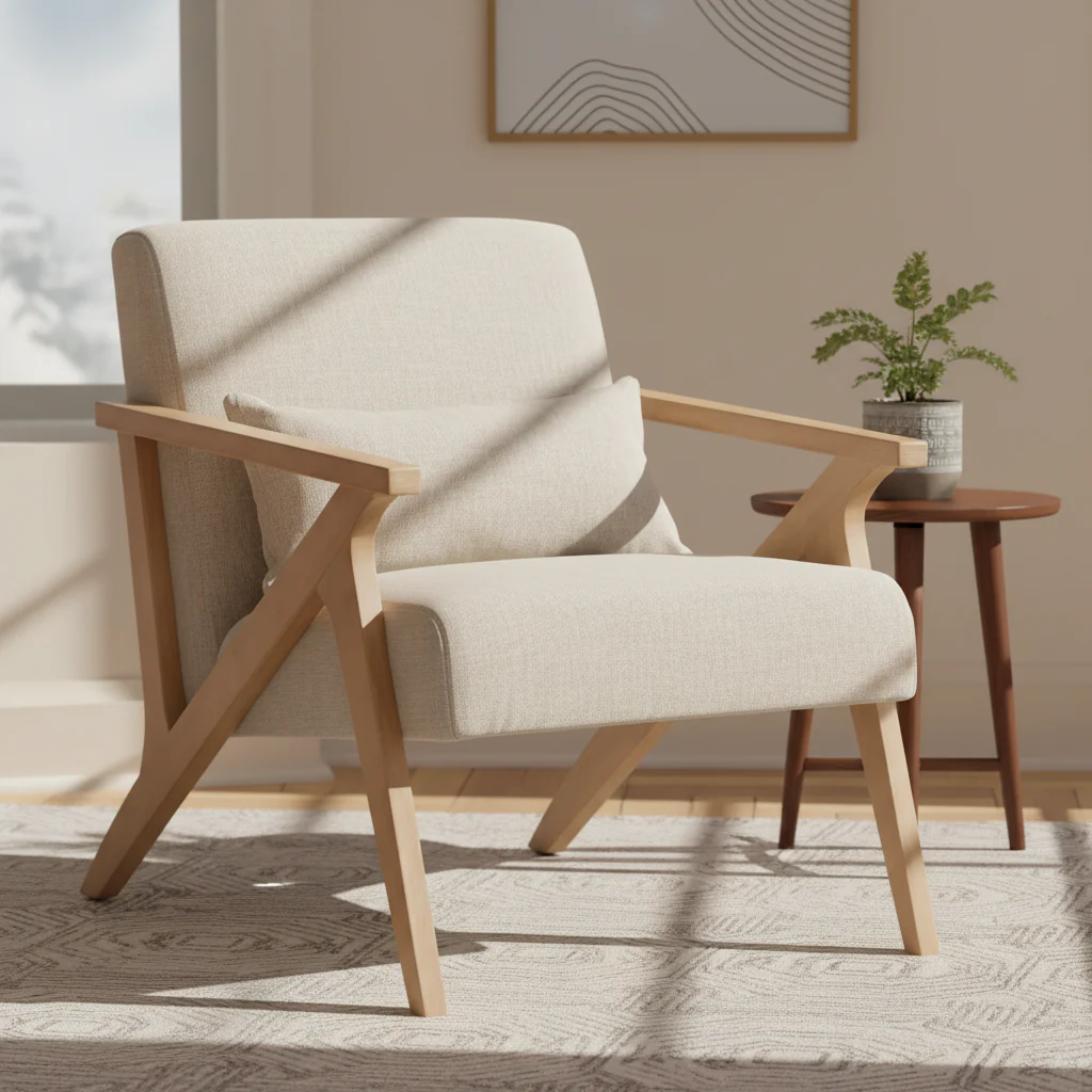 White Upholstered Accent Arm Chair with Brown Wooden Frame