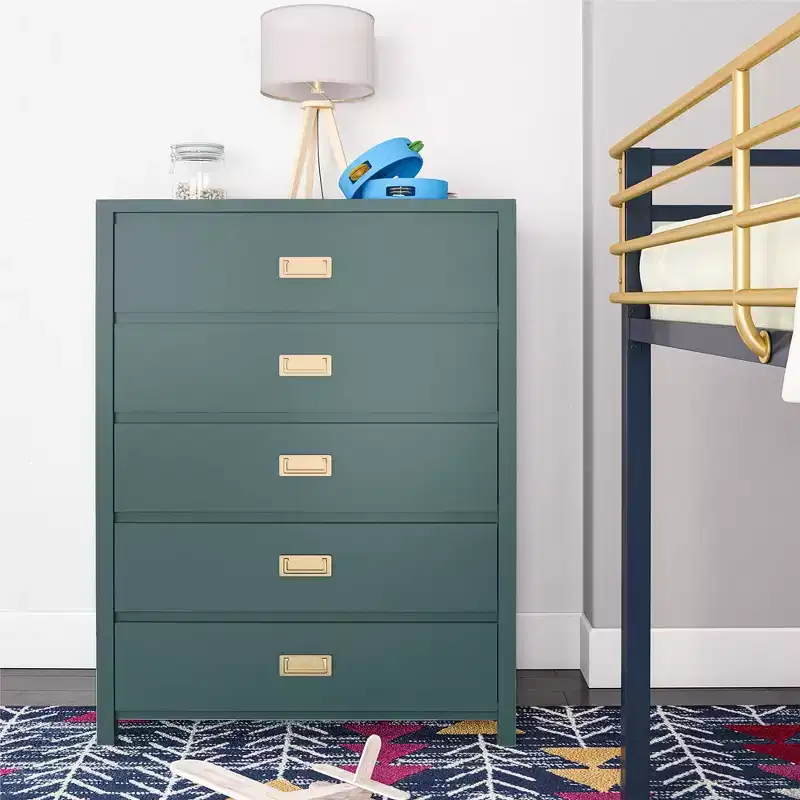 Dark Green 5-Drawer Dresser with Gold Handles