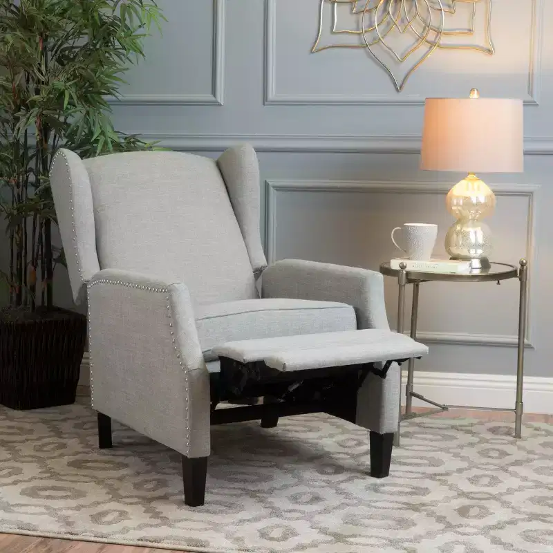 Contemporary Fabric Wingback Pushback Recliner with Nailhead Accents