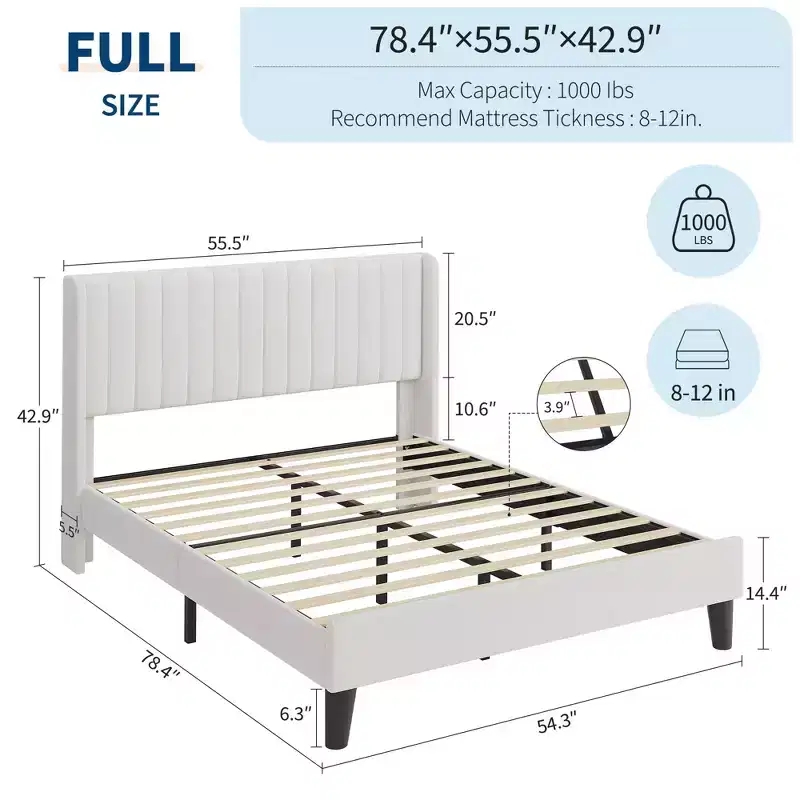 Bed Frame with Vertical Channel Tufted Wingback Headboard, Upholstered Platform Bed Frame with Strong Wooden Slats Support