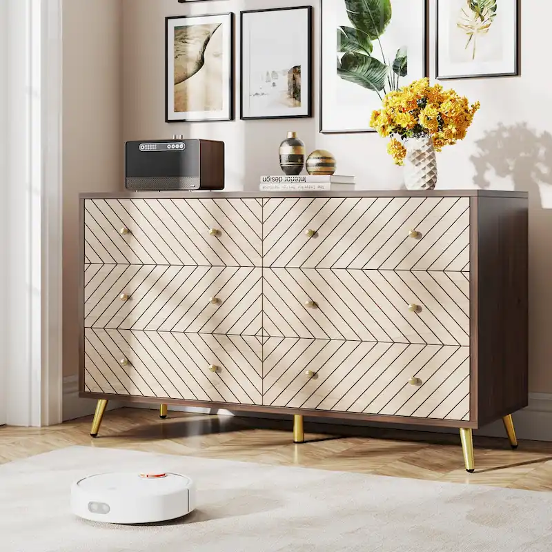 Brown / White 6-Drawer Dresser with Metal Legs, 1-Person Assembly