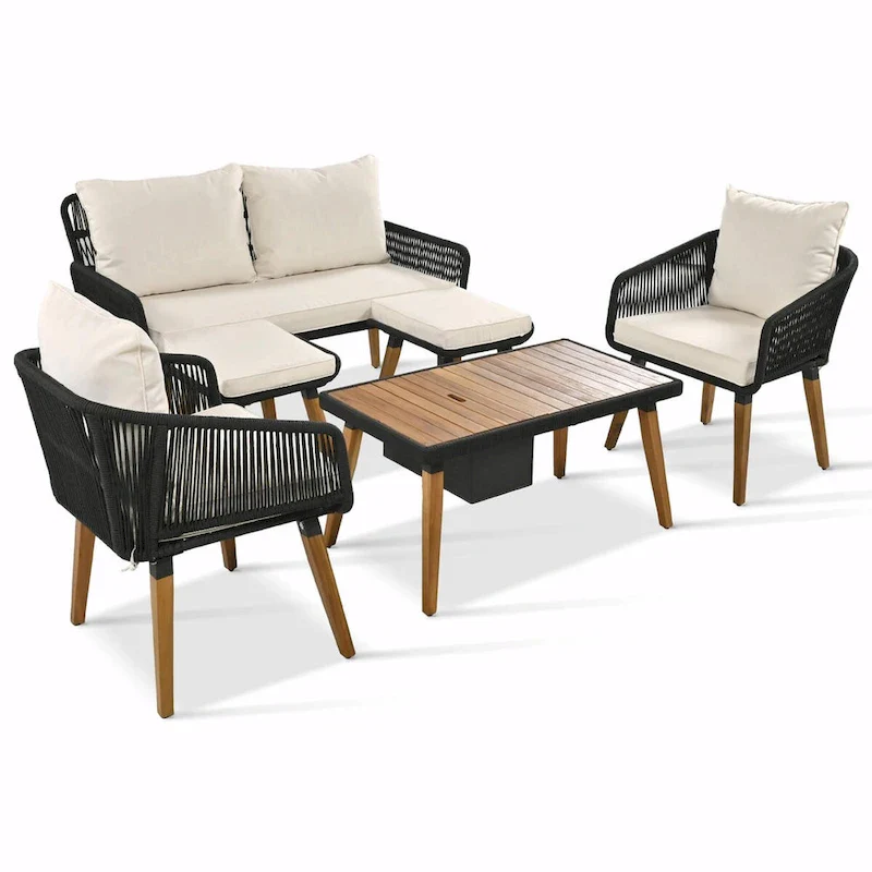 6-Piece Rope Patio Furniture Set with Acacia Wood Cool Bar Table