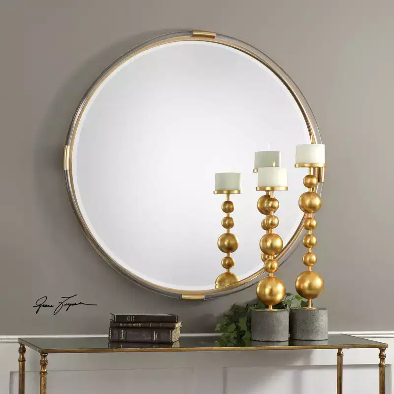 Uttermost Round Vanity Decorative Wall Mirror Beveled Metallic Gold Clear Acrylic Wood Frame 37 1/2 Wide for Bathroom Bedroom