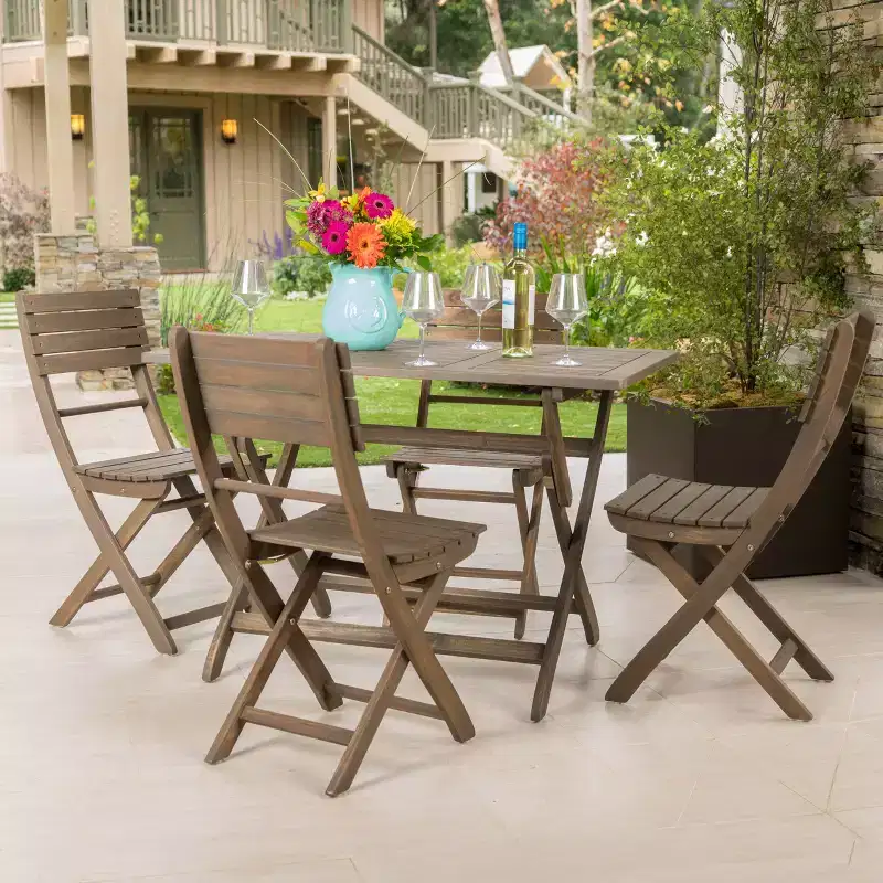 GDFStudio Rabion Outdoor Acacia Wood 5 Piece Folding Dining Set, Gray