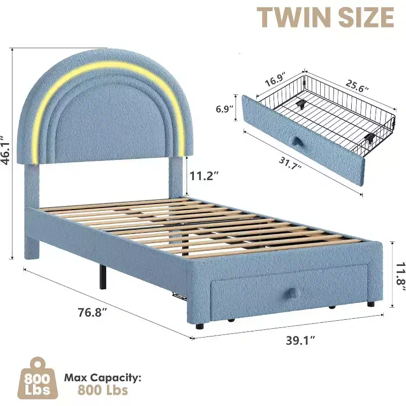 Kids' Twin Size LED Bed Frame - Rainbow Headboard + Berber Fleece Upholstery, Princess-Style Platform Structure, Including 1 Storage Drawer
