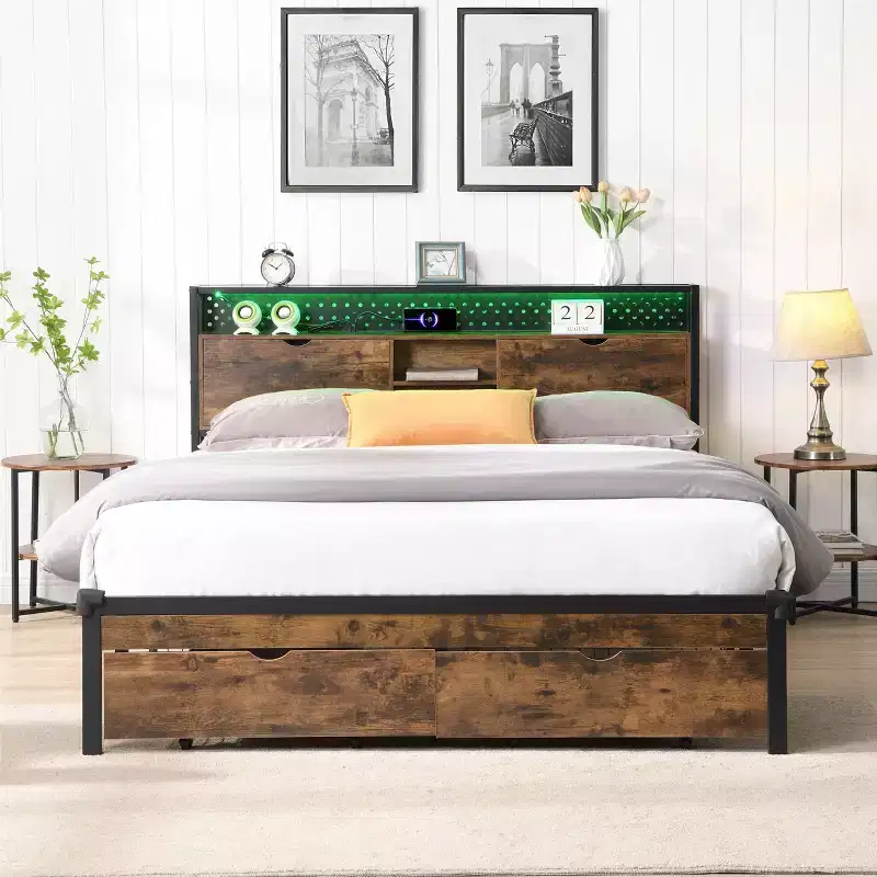 Okak Queen Metal Bed Frame with Wooden Headboard and Footboard USB,Platform Bed Frame with Charging Station,LED Lights for Bedroom,Black Brown