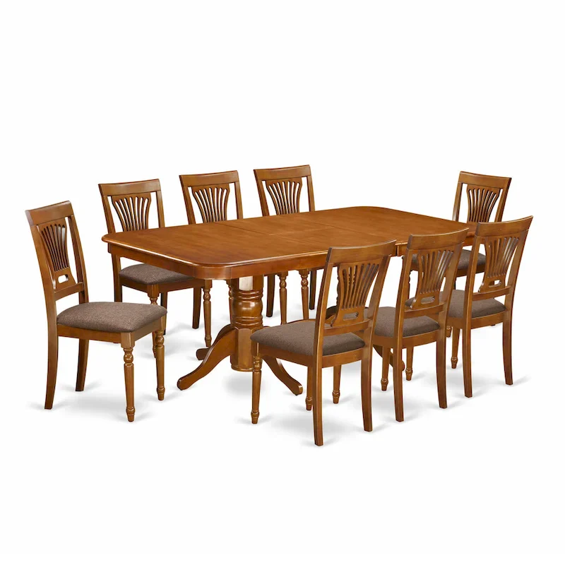 Kitchen Dining Set — Includes 1 Rectangular Dining Table and 8 Dining Chairs, Saddle Brown (Selectable Seat Styles)