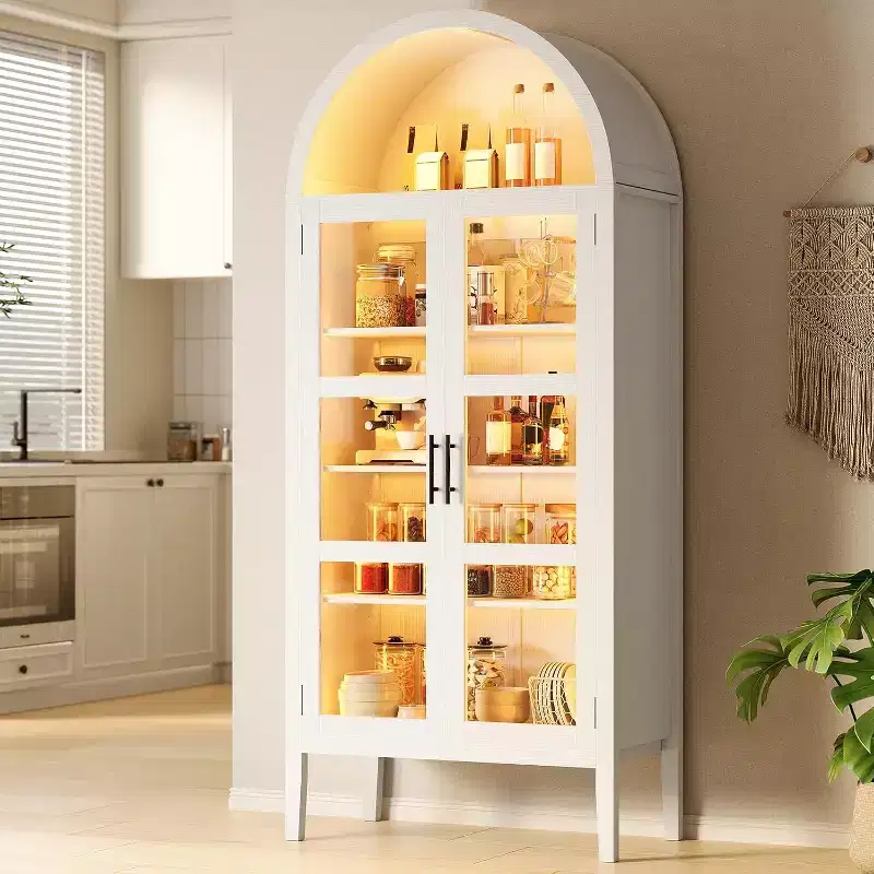60 Arched Pantry Cabinet with Glass Doors, Modern Kitchen Storage Cabinet with Open Shelf, White Cupboard for Dining Room, Living Room
