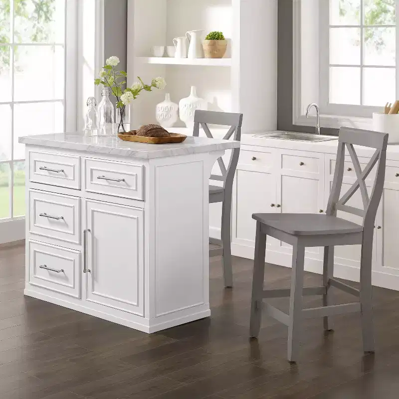 Crosley 42" Cutler Faux Marble Top Kitchen Island with X-Back Stools White/Gray: Beaded Molding, Storage Cabinet, Wood Veneer