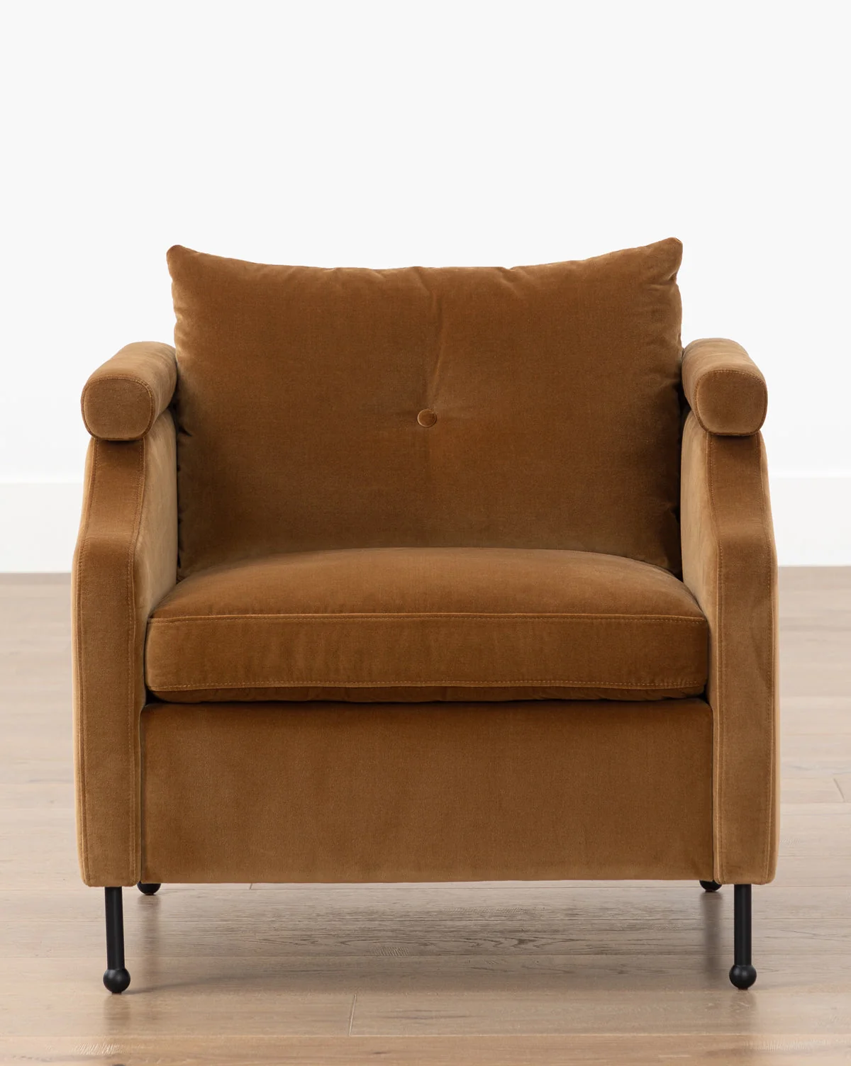 Modern Upholstered Lounge Chair with Iron Legs & Notched Arms for Living Room