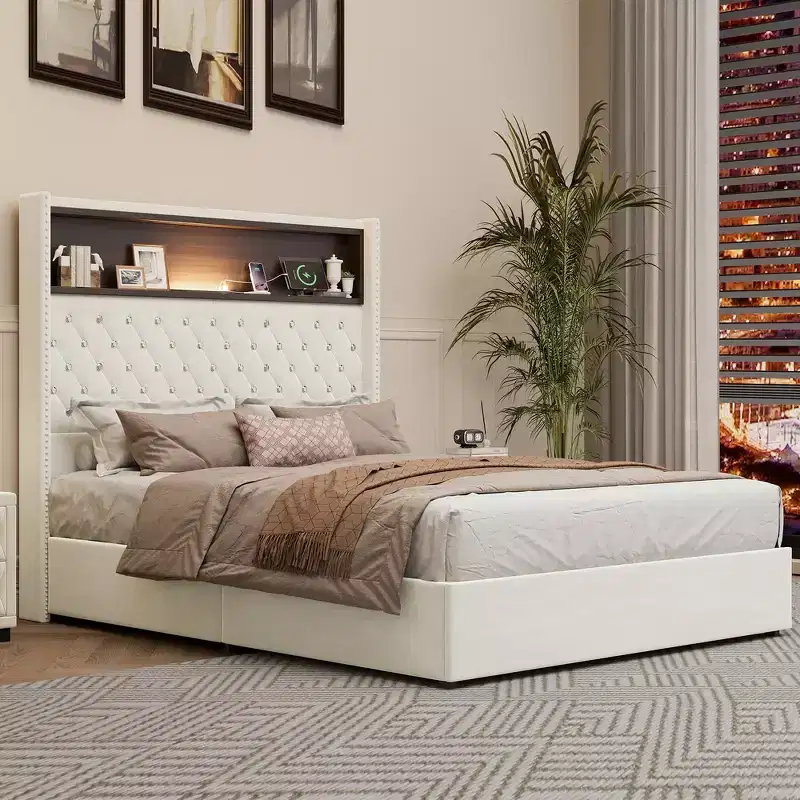Size Velvet Tufted Soft Bed Frame, Wing-back Platform Bed, 52'' High Headboard with Rivet Decoration, Headboard Shelf