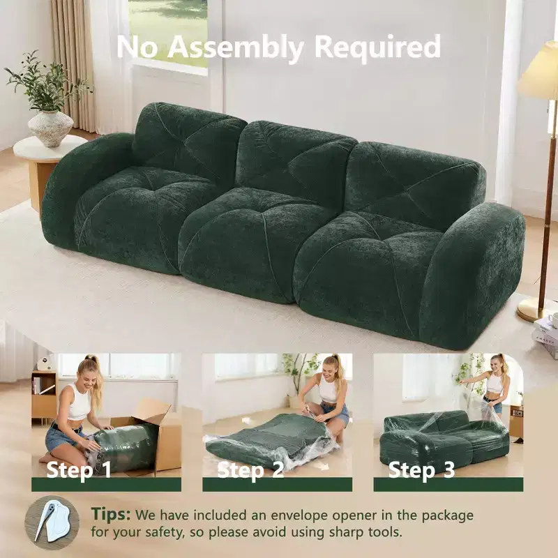 Clihome 110Boneless Sofa With Tufted,Soft Velvet Fabric,Modular Sectional Sofa,32D High Density Sponge,Anti-Slip Design,Ergonomic Design Bottom