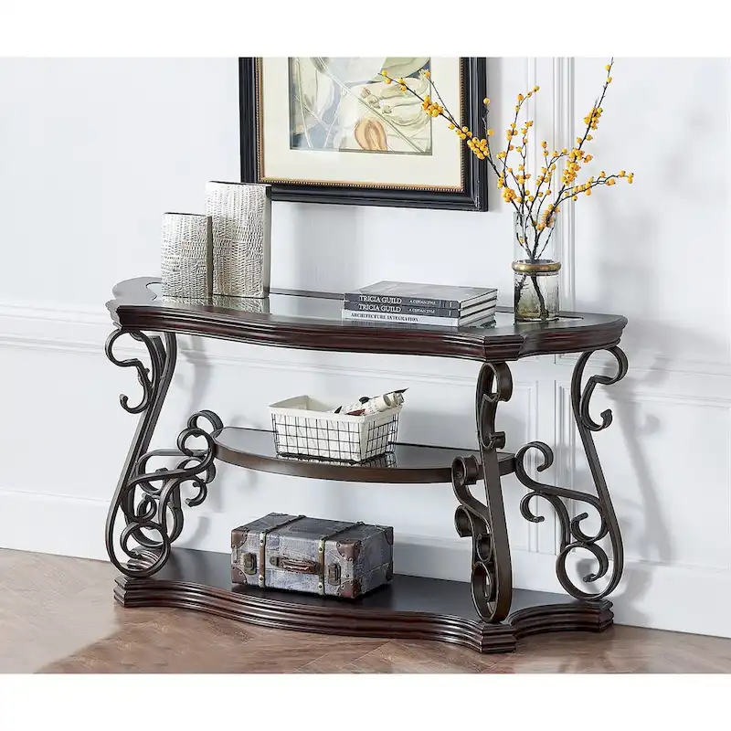 Traditional Tempered Glass Top Table Set with Coffee Table, Console Table, End Table, and Retro Metal Legs