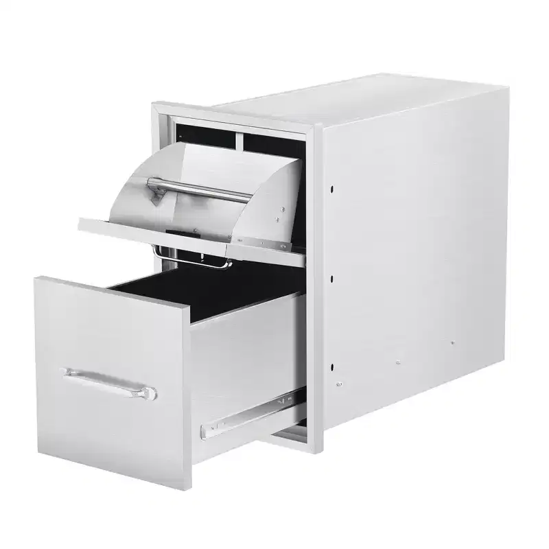 3 Layer Outdoor Kitchen Drawers with Paper Towel Holder - Stainless Steel Flush Mount Kitchen Access Drawer with Grooved Handle