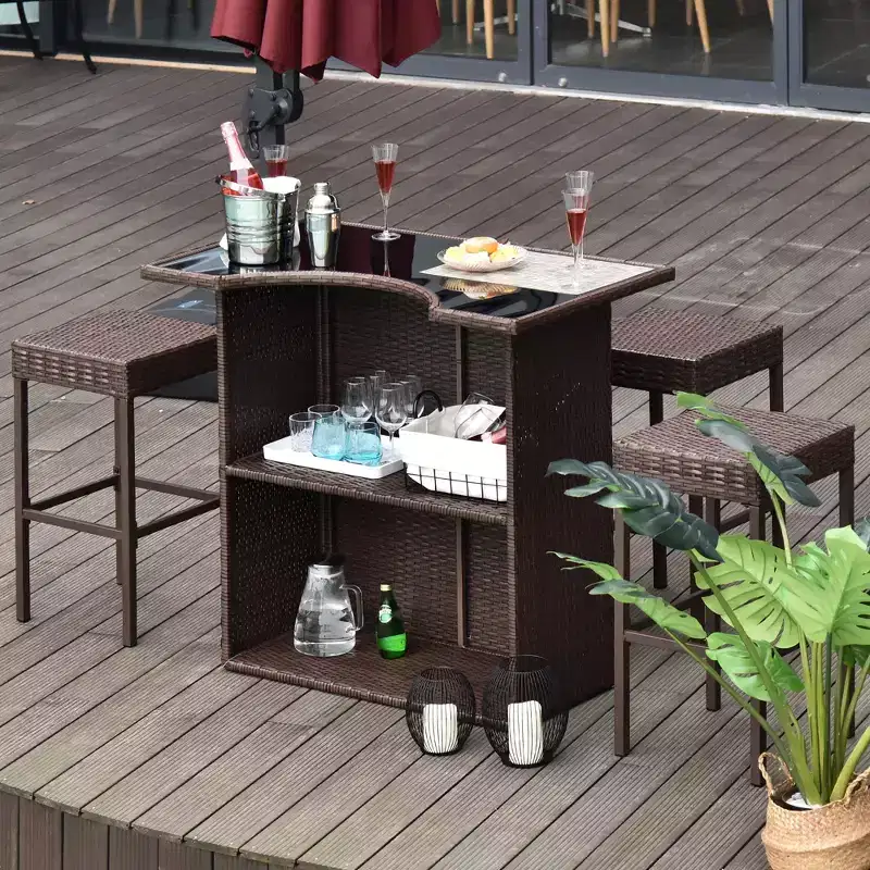 Outsunny 5 Pcs Rattan Wicker Bar Set, High Top Outdoor Table and Chairs with Glass Top, Storage Shelf, and 4 Bar Stools for Poolside