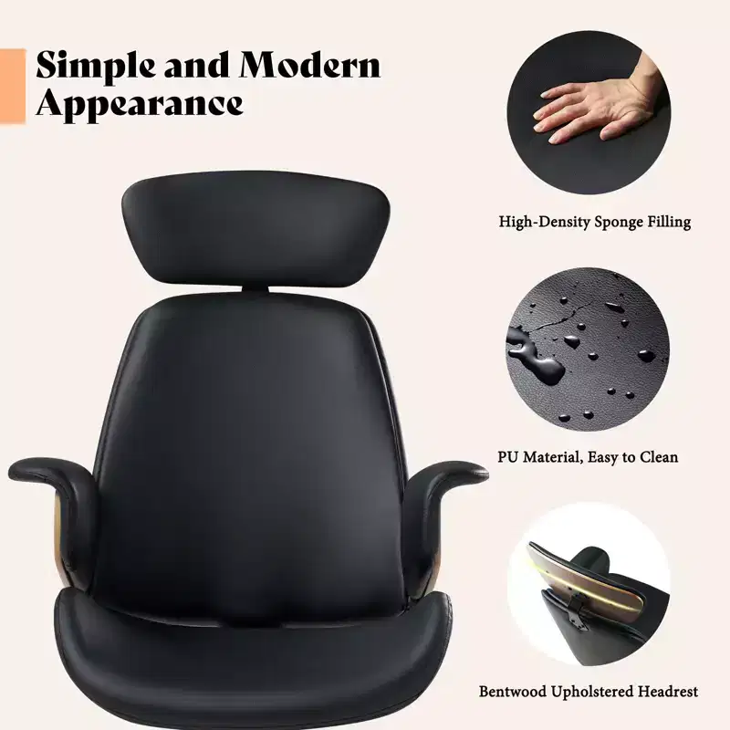 Office Chair with Wheels, PU Leather Swivel Desk Chair, Bentwood Arms, Height Adjustable
