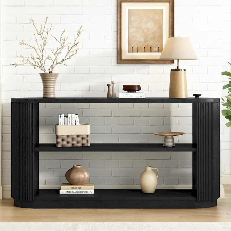 3-Tier Console Table with Fluted Wood Veneer and Open Shelves