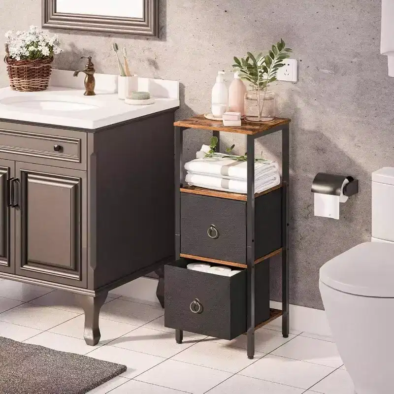 Corner Cabinet, 4 - Tier Shelf Stand with 2 Drawers, Narrow Storage Cabinet, Rustic Brown and Black, Bathroom Living Room Floor Cabinet