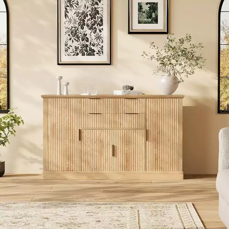 Modern Farmhouse Sideboard Buffet Cabinet, Coffee Bar Cabinet Console Table, 4 Doors, 2 Drawers, Adjustable Shelf, for Dining Room, Living Room