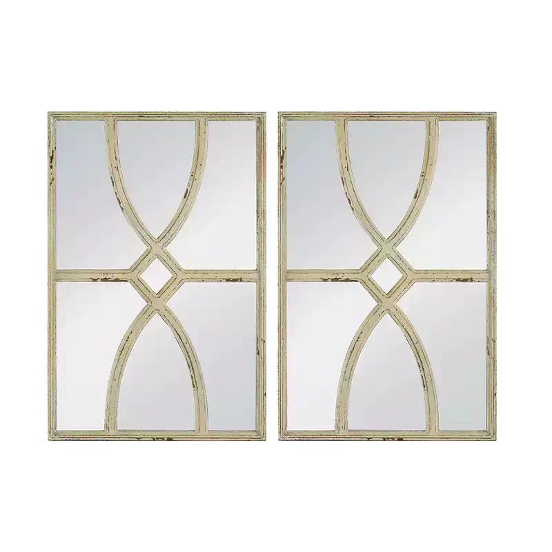 16 x 23 Inch Rectangular Wooden Wall Mirror with Distressed White Frame Set of 2