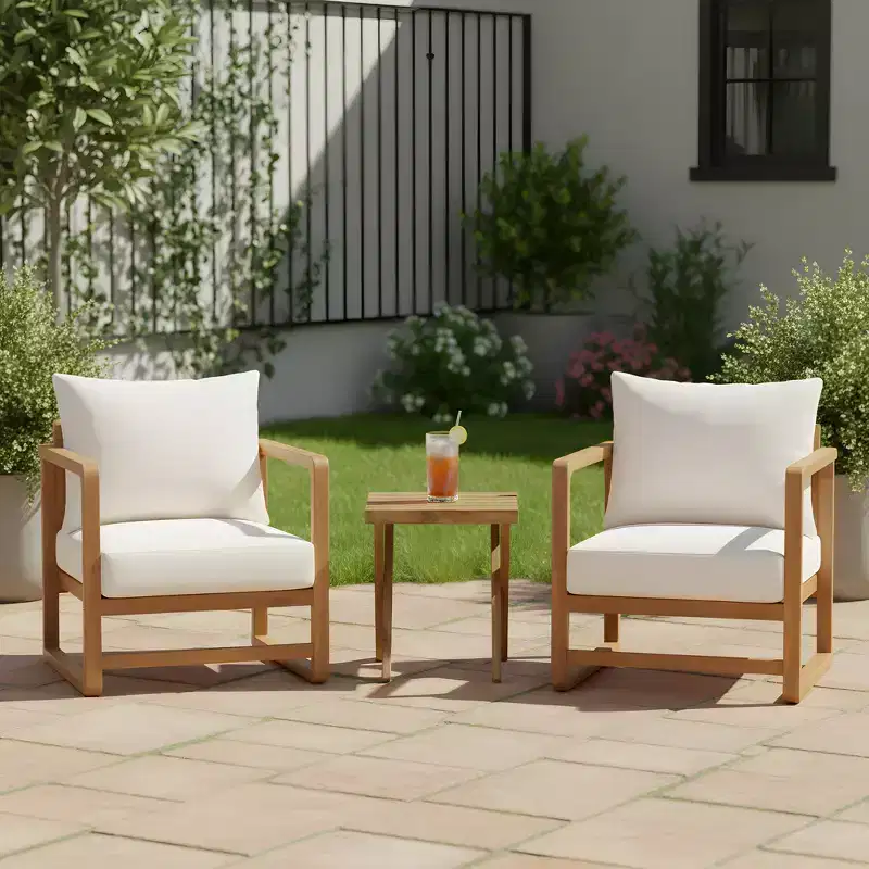 Christopher Knight Home Genevieve Patio 3 Piece Acacia Wood Oversized Seating Set with Cushion and Slatted Table