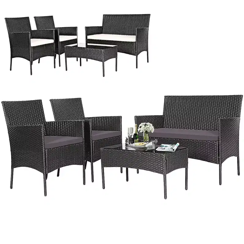 Costway 4PCS Outdoor Furniture Set Patio Rattan Conversation Set w/ Gray & Off White Cushion