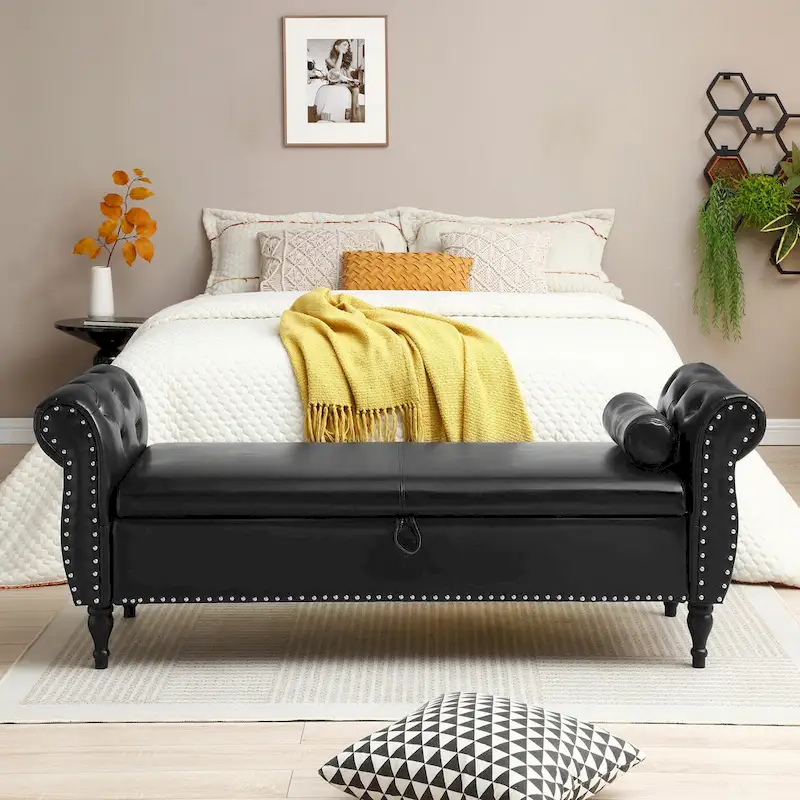63 PU End of Bed Bench Flip Top Entryway Ottoman with 1 Pillow