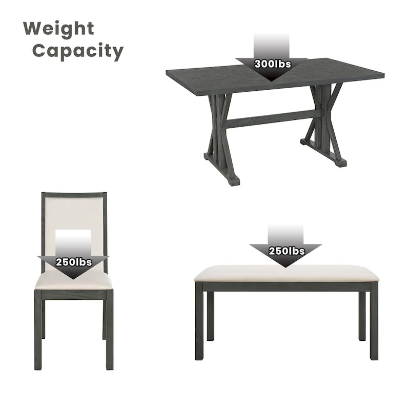 Farmhouse Style 6-Piece Dining Table Set with 4 Upholstered Dining Chairs and Bench